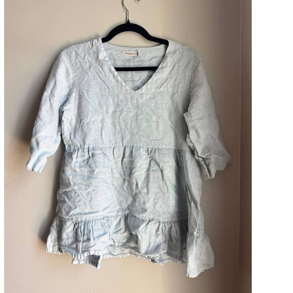 Laura Bianchi Linen V Neck Tiered Ruffle Blouse S Euro Summer Cottagecore Boho